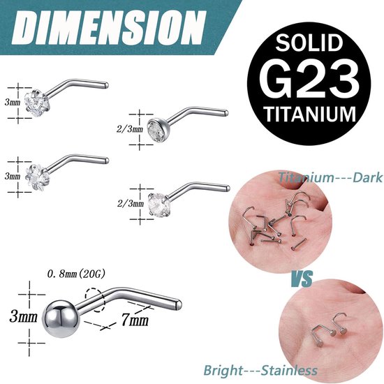 4 Stks 20G Grade 23 Titanium Neus Ringen voor Vrouwen, 2mm 3mm CZ Neus Schroeven Ringen, Gebogen/Kurkentrekker/Spiraal Neus Stud Piercing Sieraden — afbeelding 5