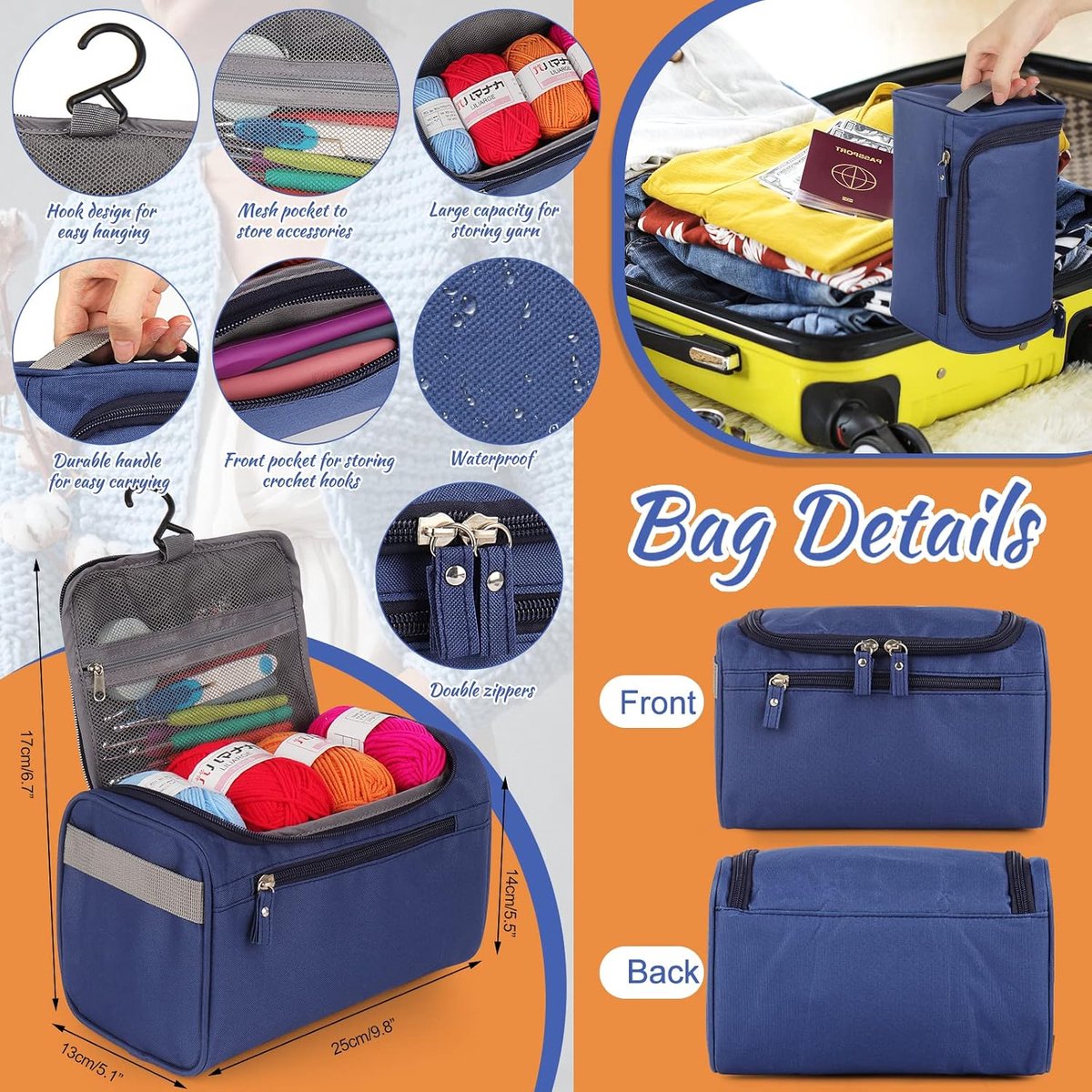 Haaknaaldenset met haakgaren in 12 kleuren, nuttige starterset voor beginners, kinderen, volwassenen, 2,0-8,0 mm, ergonomische zachte grip, haaknaaldenset, marineblauw, haaknaalden