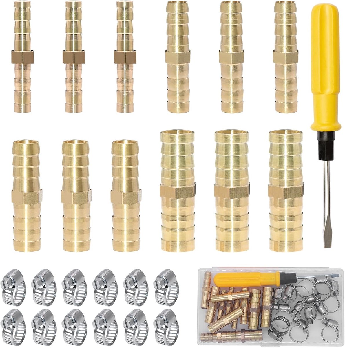 12 stuks messing slangverbinders, 6/8/10/12 mm, benzineslangconnector met 12 slangklemmen en schroevendraaier voor lucht, water, gas, olie