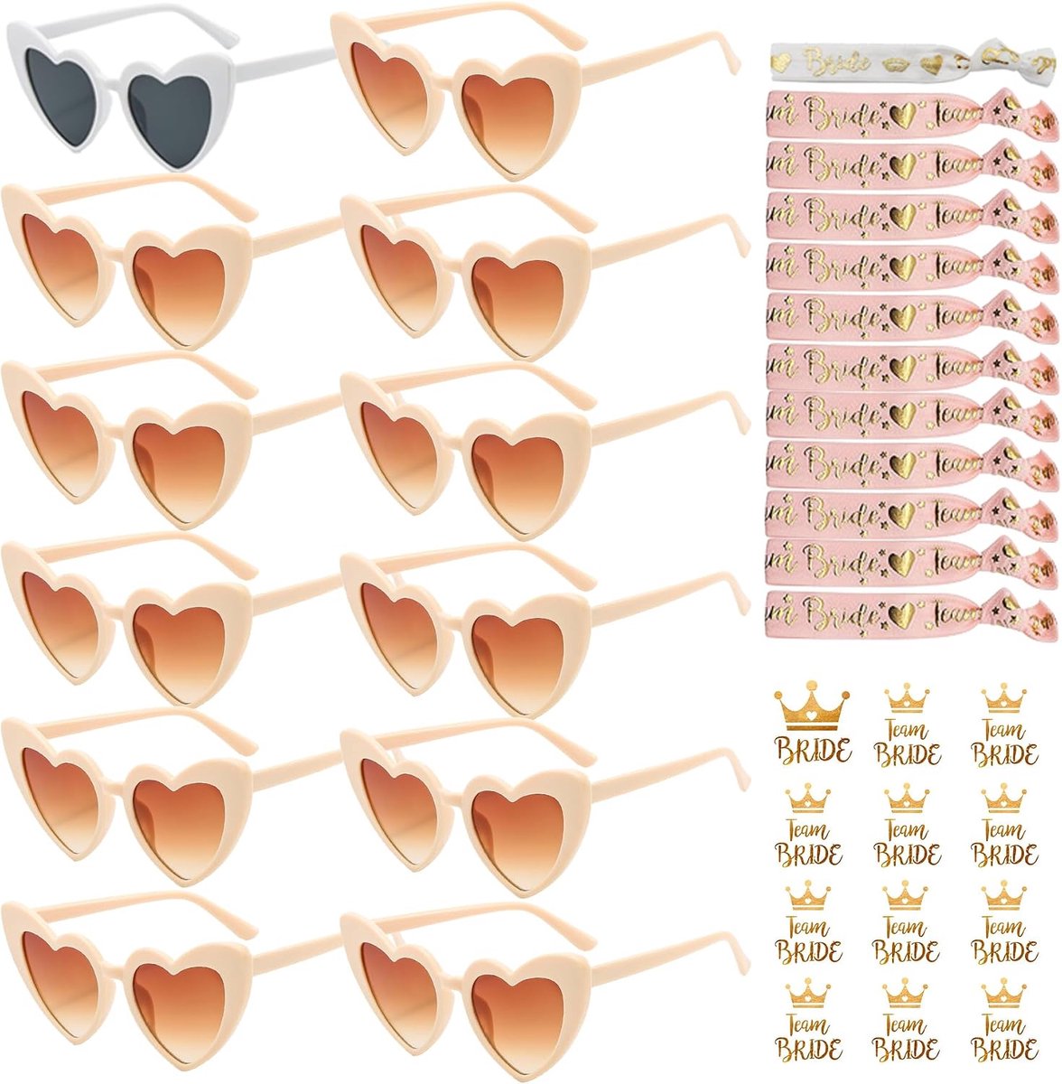 Brillen Team bruid-armbanden, Bride to Be Heart Bril Set, 12 harten zonnebril + 12Bride Tattoo Stickers + 12Bride armband, vrijgezellenfeest vrouw accessoires, JGA decoratieve