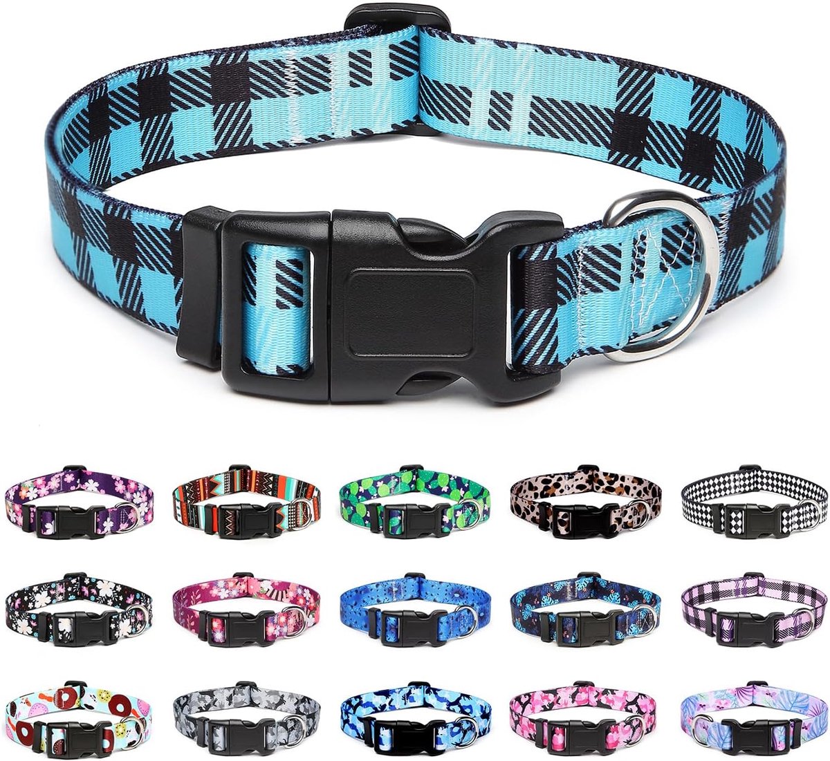 Verstelbare hondenhalsband - speciale ontwerpen, zachte comfortabele duurzame nylon halsband voor kleine, middelgrote en grote honden, S, blauw geruit