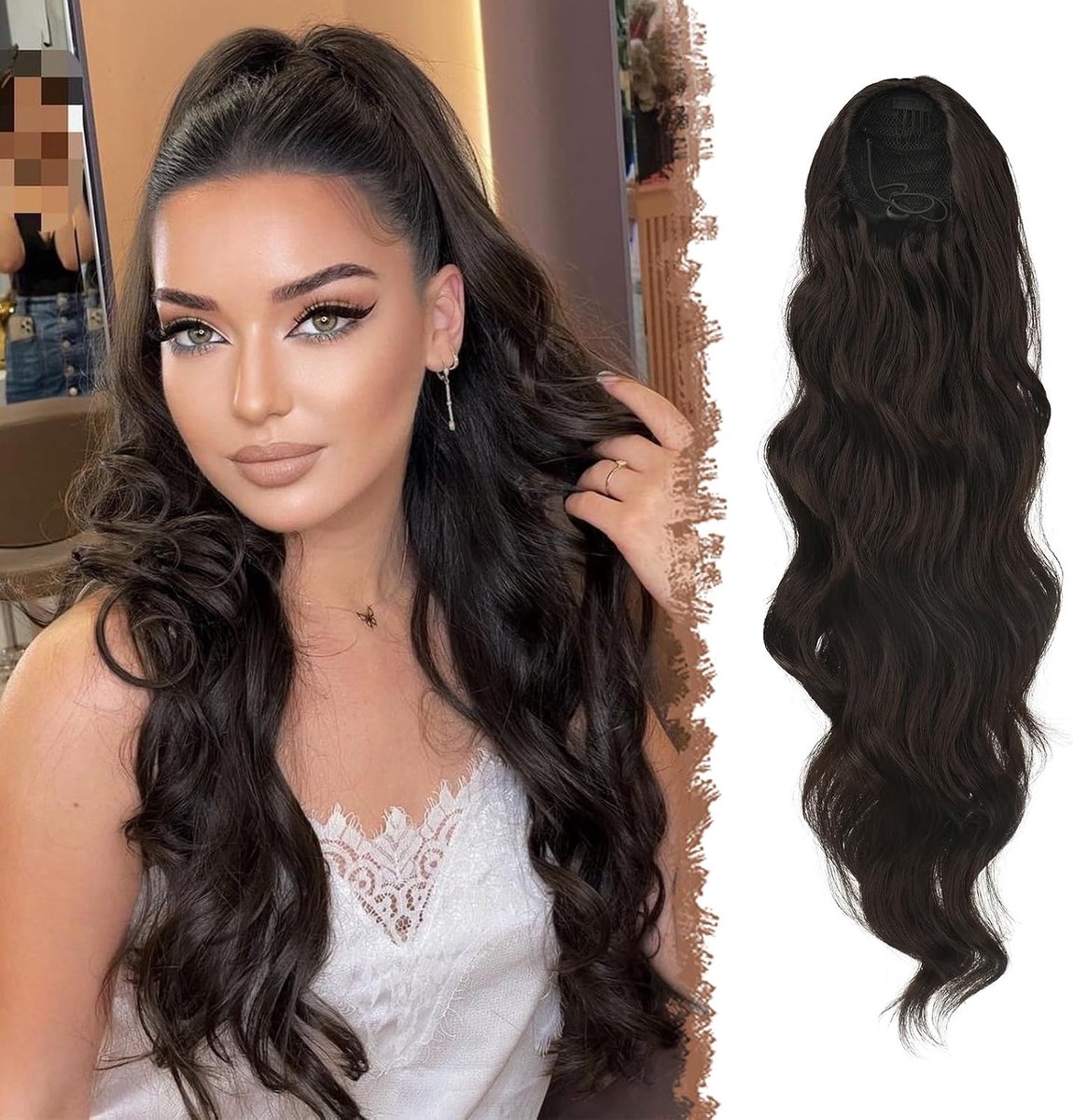 Paardenstaart Haarstukje Haarverlenging met Trekkoord Paardenstaart Extension Lang Golvende Synthetische Haarextensies voor Vrouwen Ponytail Extension Zeer Donkerbruin, 60 cm