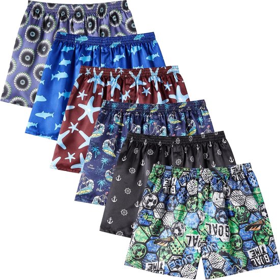 Set van zes kleurrijke satijnen boxershorts met diverse prints zoals dieren, sport en maritieme thema's.