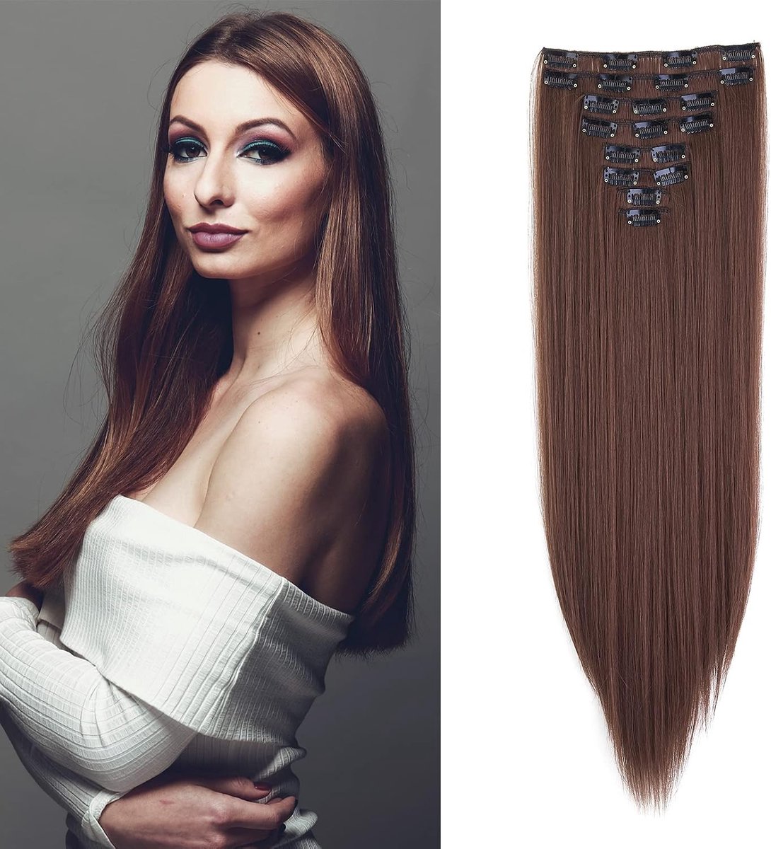 60cm Clip in Extensions Haarverlenging Haarstuk Steil Lang 8 Stuks Set Synthetisch Haar Clip in Haarverlenging Synthetisch Haar voor Meisjes, Donker auburn