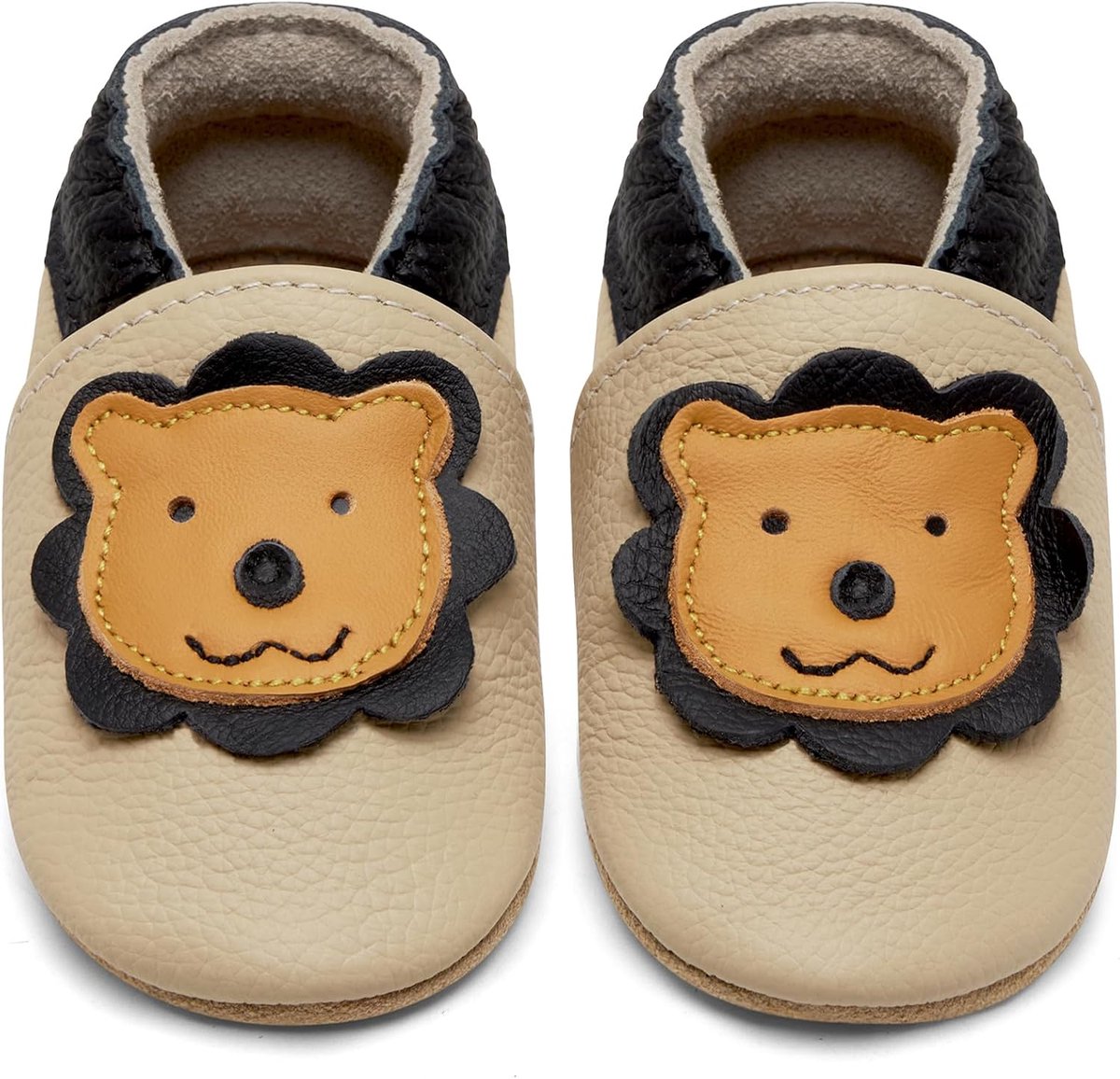 Eerste Babyschoentjes Jongens Meisjes Zacht Leer Zooltjes Babyslofjes(Beige Leeuw, 6-12 maanden)