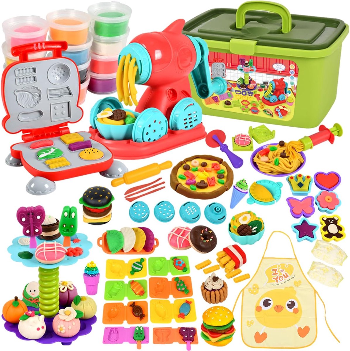 Plasticine-spel,65-delig plasticine-speelgoed,plasticine-vormen,plasticine-accessoires om hamburgers en ijs te maken,met 12 plasticine-potten,schorten en mouwen,cadeau voor kinderen vanaf 3 jaar