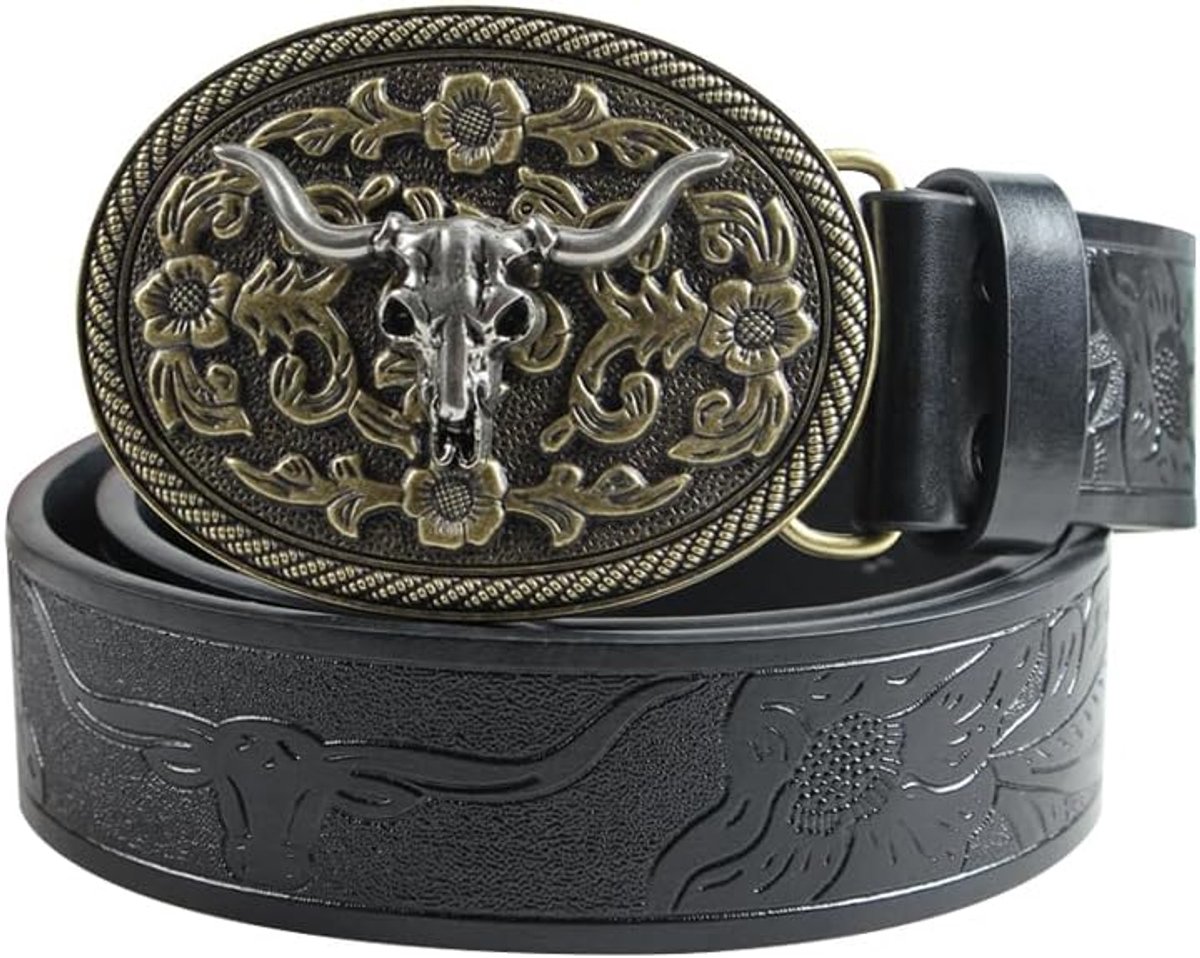 Riemen Voor Mannen Vrouwen Met Gegraveerde Bloemen Stierkop Gesp Western Leren Gesp Riem