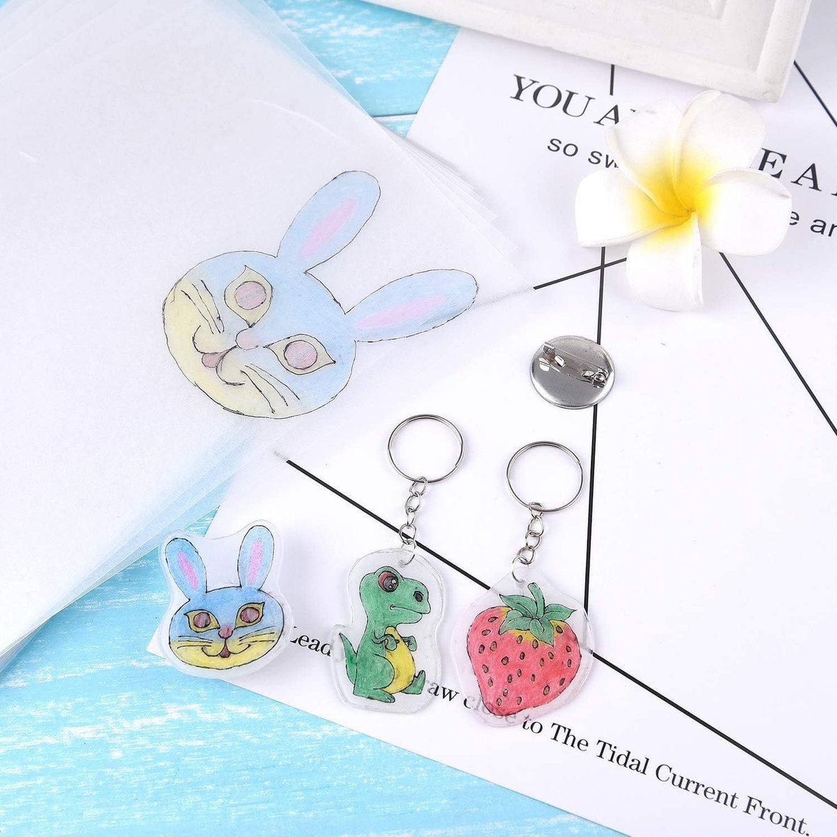 150-delige set met kunststof vellen, intrekbaar, inclusief 20 stuks, intrekbaar blad en 130 stuks, sleutelhangeraccessoires voor creatief handwerk voor kinderen