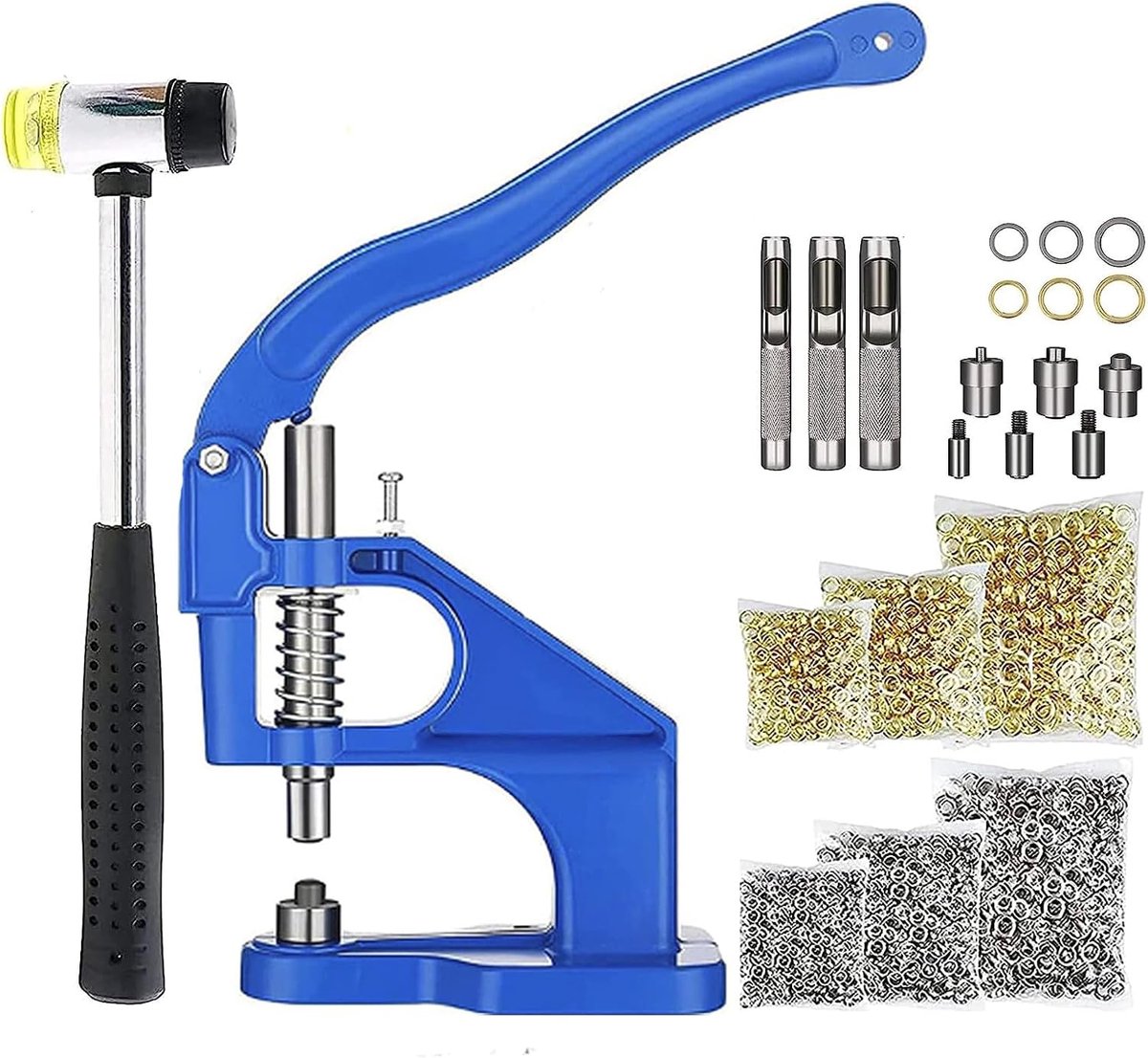 oogtangset met een hamer, oogpers, oogstans, klinknagelpers, drukknoppers, handpersset, oogponsen met 1500 ogen, ideale oogtang voor stoffen, zeilen en zonnezeilen