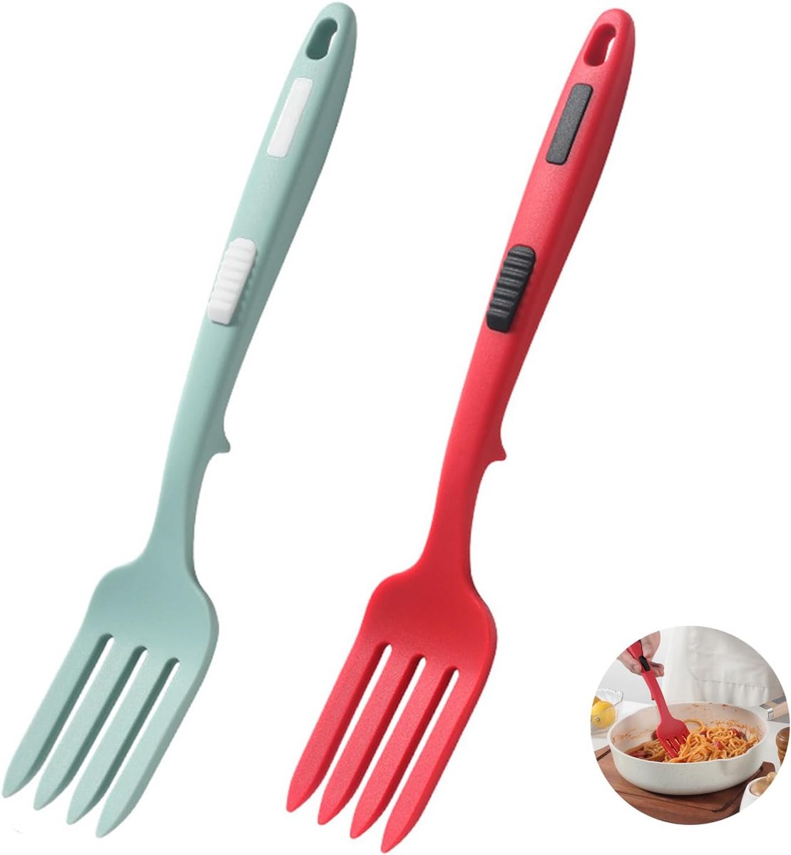 vorken om te koken, 2 stuks flexibele siliconen vorken, gemengde vork, hittebestendig, mengvork, voor roeren, mixen, pureren, roeren van spaghetti (rood, zeeblauw)