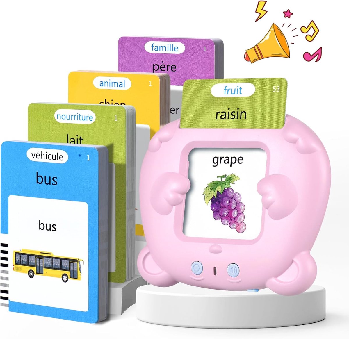 Flash-kaarten, Montessori-educatieve kaarten voor kinderen vanaf 3 jaar, Talking Flash-kaarten, 112 vellen, 224 woorden, educatief speelgoed om te leren spreken, Frans/Engels/tweetalig (roze