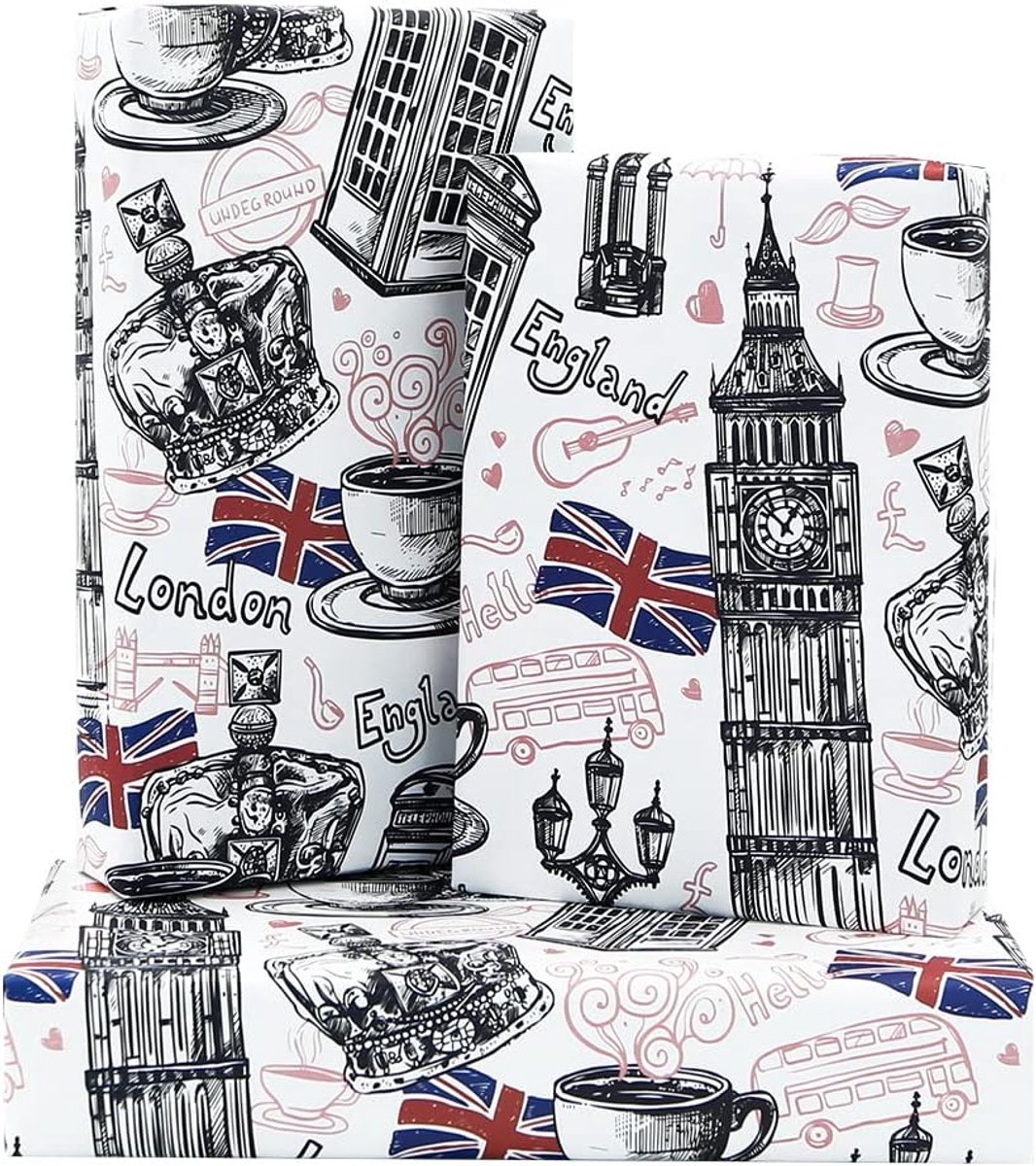 Ben London Inpakpapier, Brits karakteristiek architectuurontwerp, cadeaupapier voor verjaardag of nationale dag, 4 vellen plat gevouwen, 50 x 70 cm per vel
