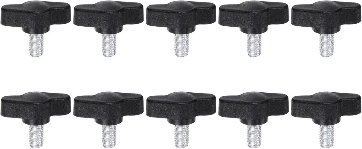 10 stuks T-vleugelgrepen kartelschroeven M6 x 12 mm buitendraad 27 mm kunststof kop T-handgrepen, verstelbare handgrepen, klemknoppen gekartelde kopschroef, zwart