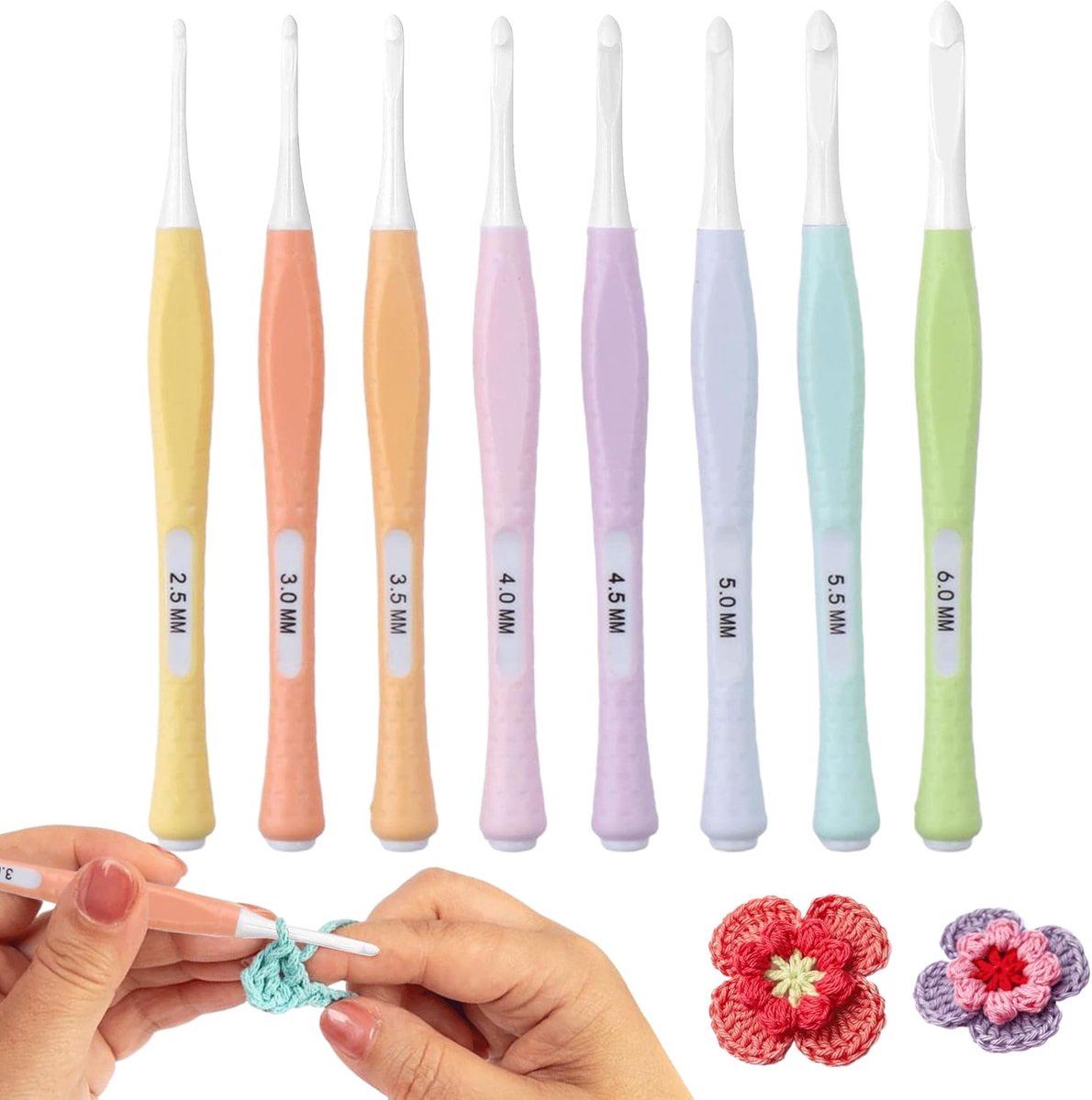 Haaknaaldenset van 8 stuks (2,5-6 mm) haaknaalden, ergonomische breinaalden, comfortabele grip, kleurrijke haaknaalden met zachte silicagel, voor beginners en ervaren haakliefhebbers