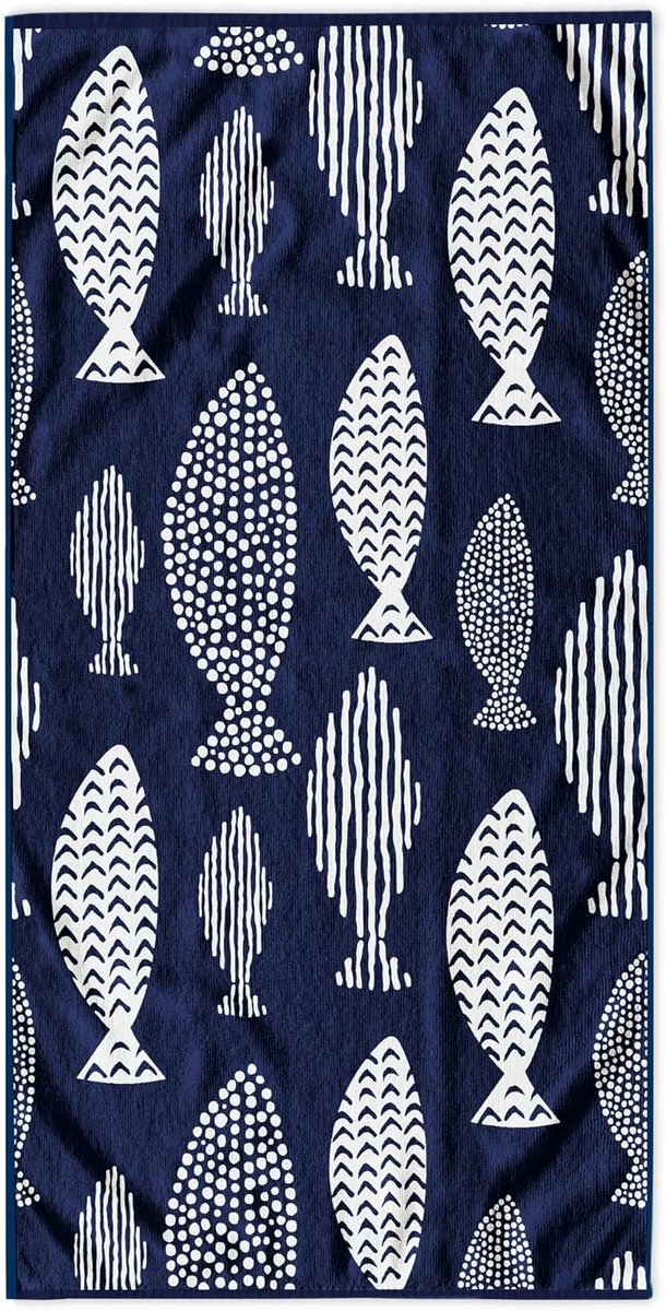 Strandlaken groot 90x180 cm Strandlaken 100% katoen Badstof Velours Badlaken Onderhoudsvriendelijk Zacht en absorberend Sneldrogend Strand Handdoek blauw wit Vis