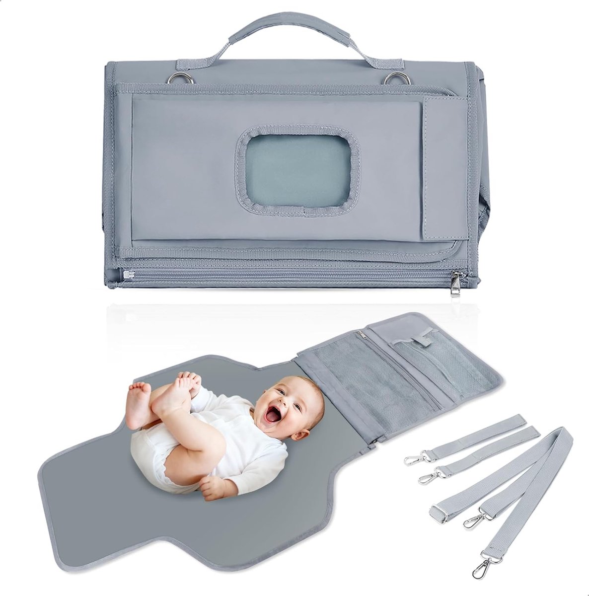 Luiertas voor onderweg, luiertas voor onderweg met wiszak, waterdicht en licht, luiertas met aankleedkussen voor baby's, met afneembaar draagbaar aankleedkussen, vakken en hoofdkussen