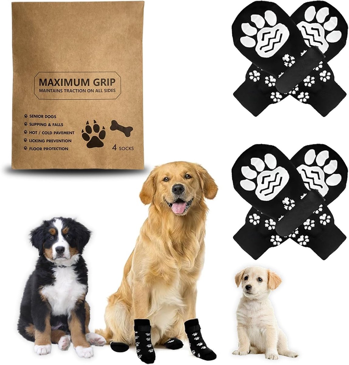 Set van 4 antislipsokken voor honden, antislipsokken voor honden met verstelbare riem, hondenpootbeschermers met katoen voor grote en kleine (L)