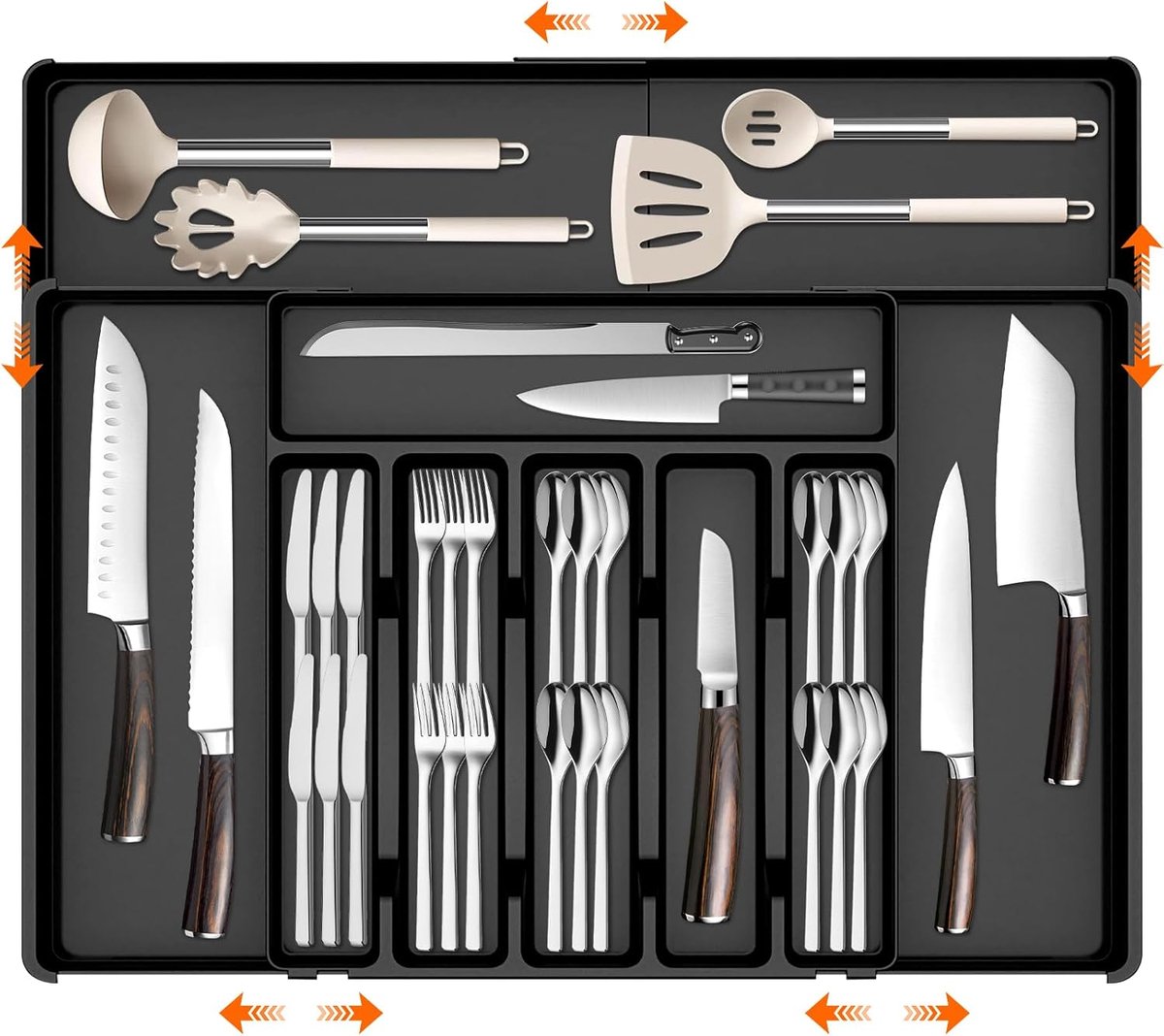 Bestekbak voor de keuken, uitbreidbare grote bestekbak voor laden, verstelbare bestekbak voor laden, 6-10 vakken, kunststof keukenaccessoires, voor messen, vorken, lepels