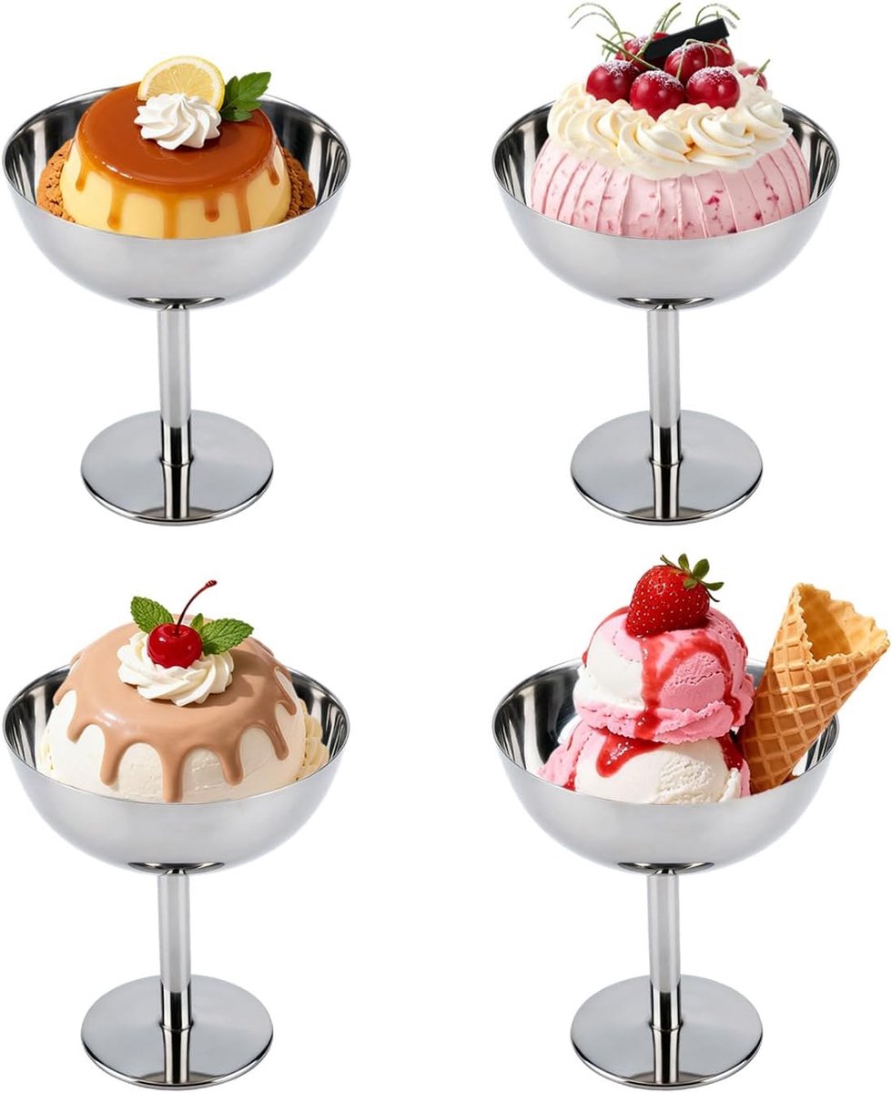 7 oz roestvrijstalen dessertbekers op voet (4, hoog) | Ijs Serveerbeker Kleine Sundae Bowl voor Dessert Sundae Pudding Salade Cocktail Kruiderij Trifle