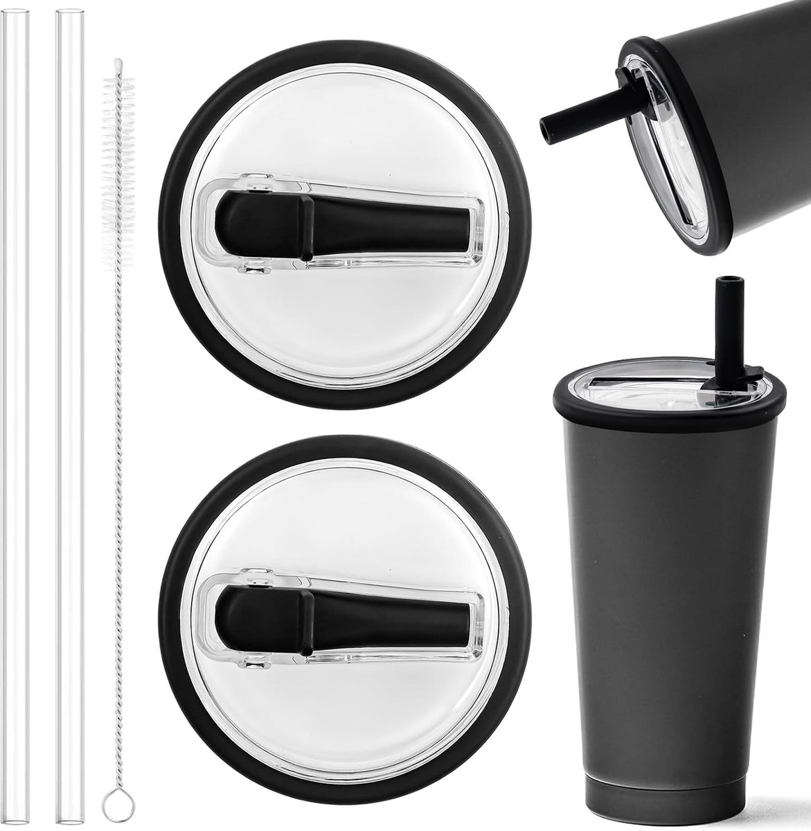 Vervangingsdeksel voor 40oz beker, met siliconen rietje en borstel, herbruikbaar lekvrij en stofdicht tumbler deksel, beker met rietje deksel vervangingsdeksel voor beker accessoires (zwart)