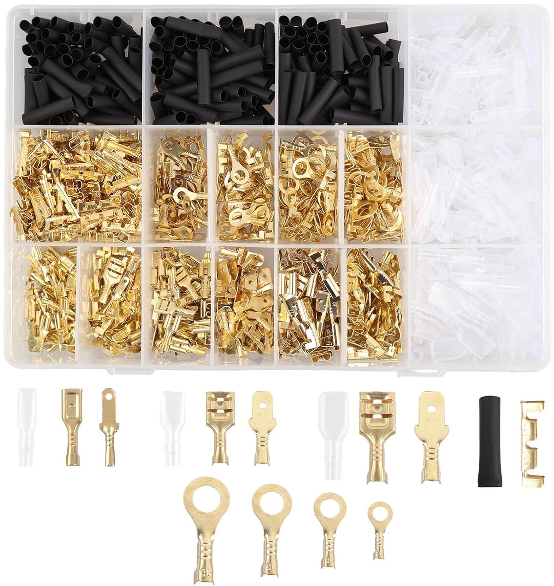 Set van 1050 kabelschoenen met platte connector, mannelijk/vrouwelijk kabelschoen met assortiment isolatiehulzen - 2,8 mm/4,8 mm/6,3 mm - ringkabelschoenen M3/M4/M5/M6