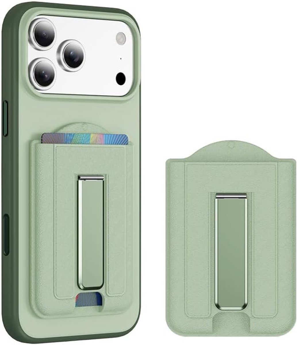 Magnetische portemonnee, compatibel met MagSafe, kaarthouder van PU-leer, met verstelbare standaard, van metaal, plakt op de achterkant van iPhone 16/15/14/13/12, blauw, Groen