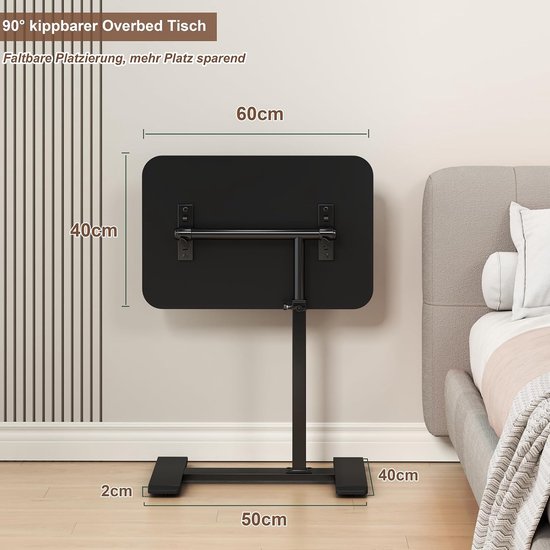 Bijzettafel C-vorm in hoogte verstelbaar, 360° draaibaar laptop stand sofa bijzettafel, mobiele salontafel hout kleine tafel (zwart) — afbeelding 5