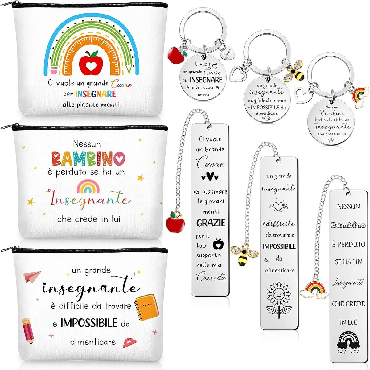 3 sets leraren, cadeaus voor het einde van het jaar met 3 sleutelhangers voor leraren, met spreuk, 3 make-uptassen, 3 bladwijzers, cadeau-ideeën voor leraren, kleuterschool, opvoeder