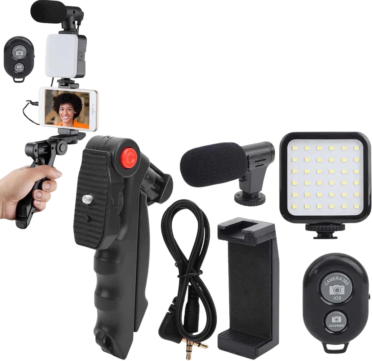 Complete vlogkit voor smartphones - verstelbaar statief, richtmicrofoon, LED-verlichting, Bluetooth-afstandsbediening, universele standaard - video-opname, YouTube, TikTok, streaming