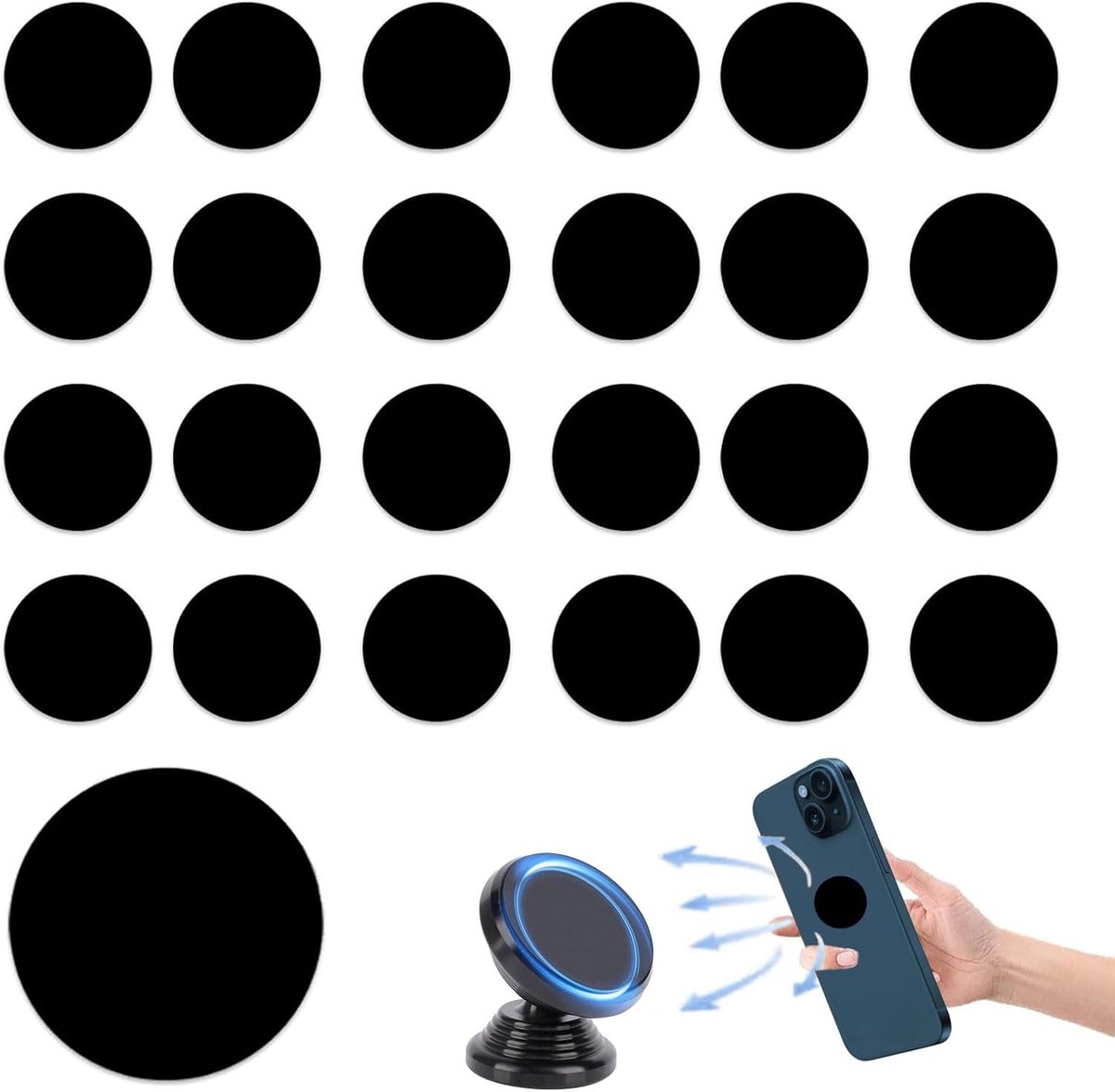 Magneet voor mobiele telefoon, 25 stuks Orbicolari 30 mm, metalen plaat, zelfklevend, voor autotelefoonhouder, zwart, sterke hechting