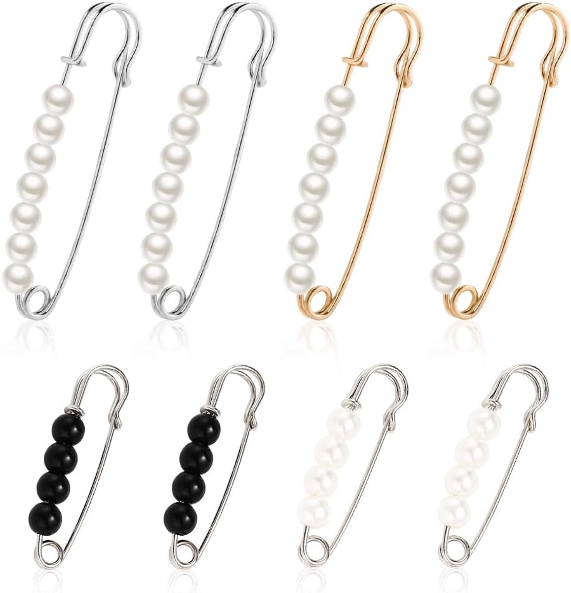 8 stuks veiligheidsspeld met parels in 4 maten & 3 kleuren - Brochespelden met imitatieparels voor dameskleding, taillebanden, sjaals, rokken (goud, zilver, zwart)