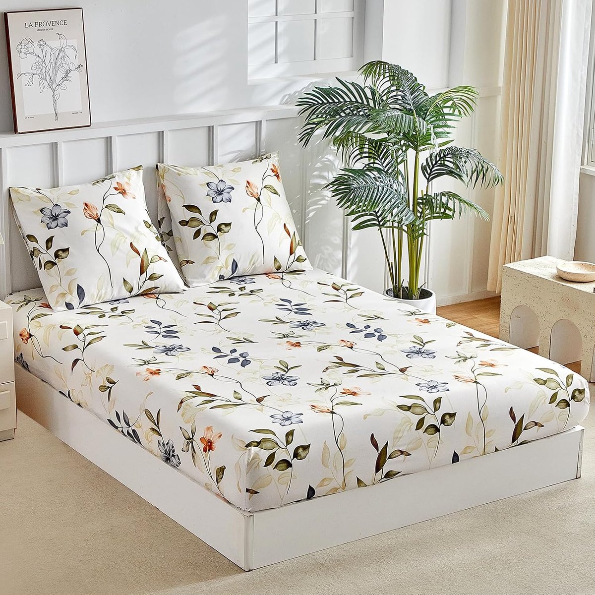 Hoeslaken, 160 x 200 cm, voor tweepersoonsbed, met grote hoekhoogte van 35 cm, inclusief 2 kussenslopen 65x65 - zachte microvezel hoeslaken met herfstbladeren motief, beige