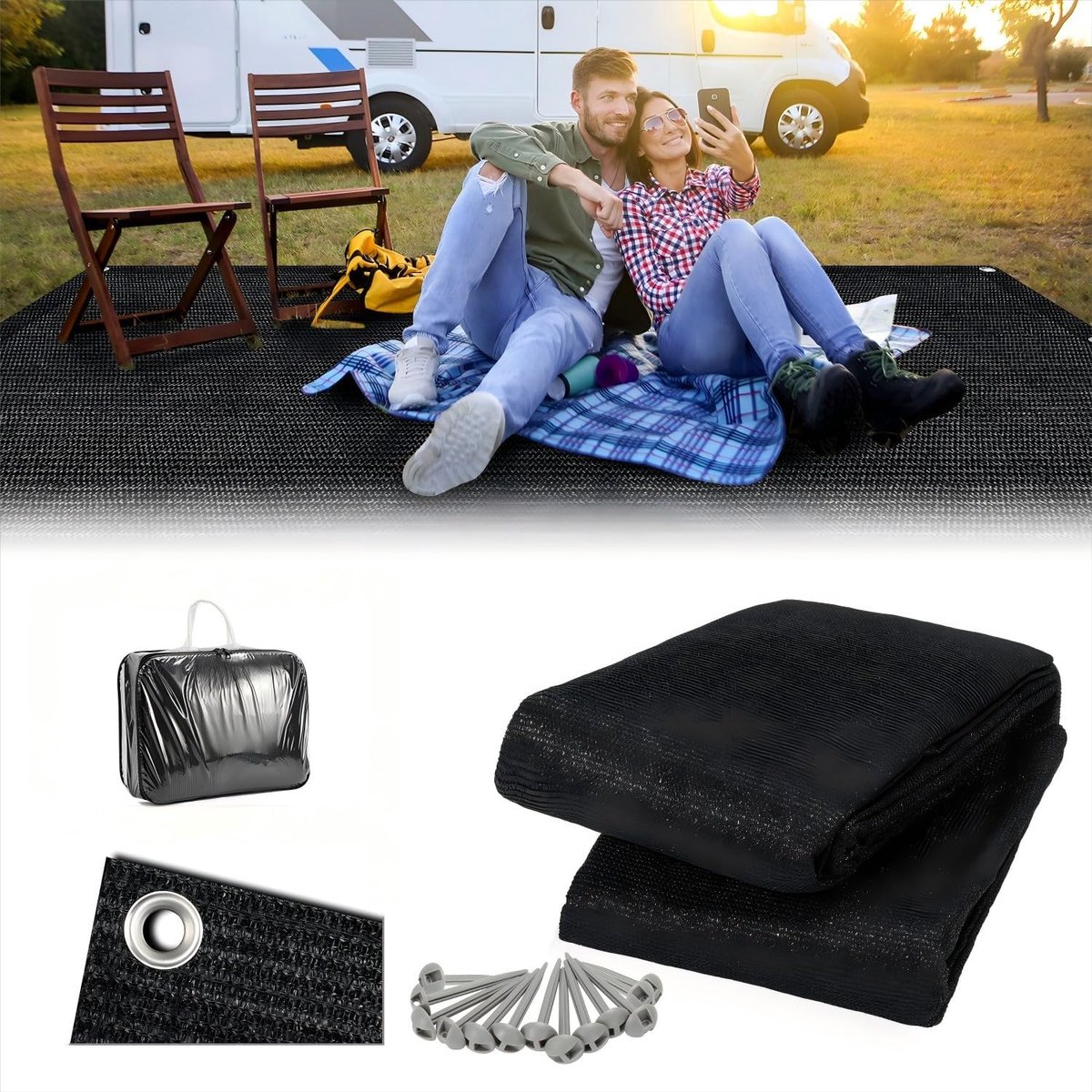 Voortenttapijt, luifeltapijt, 300 x 400 cm, hoogwaardig campingtapijt, ademend, antislip, tenttapijt, zwart, outdoor campingmat met 12 gaten, 13 haringen en draagtas
