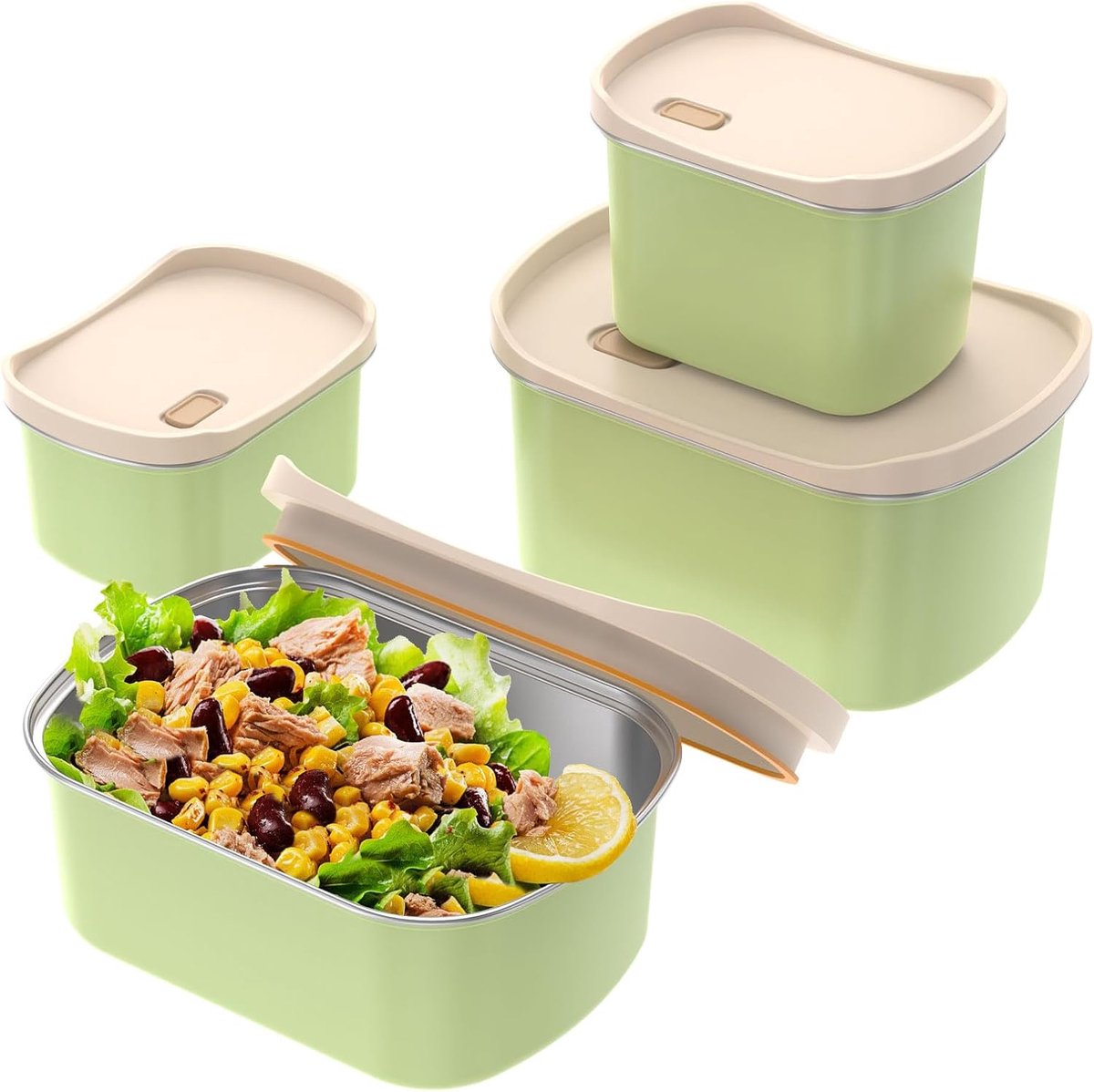 4 stuks roestvrijstalen broodtrommels, lekvrije lunchboxen, herbruikbare broodtrommelset 4 maten (450 ml, 550 ml, 1100 ml, 1400 ml), bentobox met PP-deksel voor thuis, school, kantoor, reizen