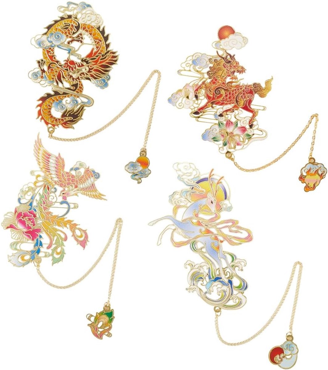 4 stuks Chinese metalen bladwijzers vintage boekenleggers met gouden ketting hanger bergen en zeeën heilige beesten draak feniks herten paard hol ontwerp retro pagina markers voor volwassen