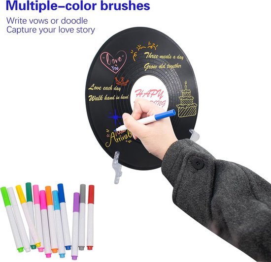 Set van 4 vinylplaten gastenboek, 30 x 30 cm, doe-het-zelf gastenboek, bruiloft, met houders, stickers en 12 kleurpotloden, voor verjaardag, school, Halloween, Kerstmis, doe-het-zelf geschenken — afbeelding 4