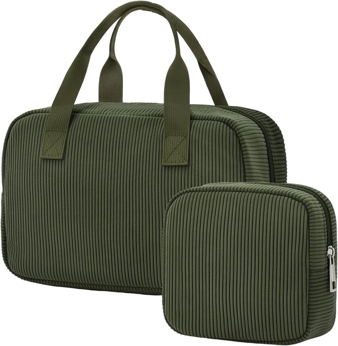 oscaurt Cosmetische tas voor dames, corduroy toilettas, grote cosmeticatas met vakken, cosmetica make-up tas, Cosmetic Bag, wastas, tassen, organizer, legergroen
