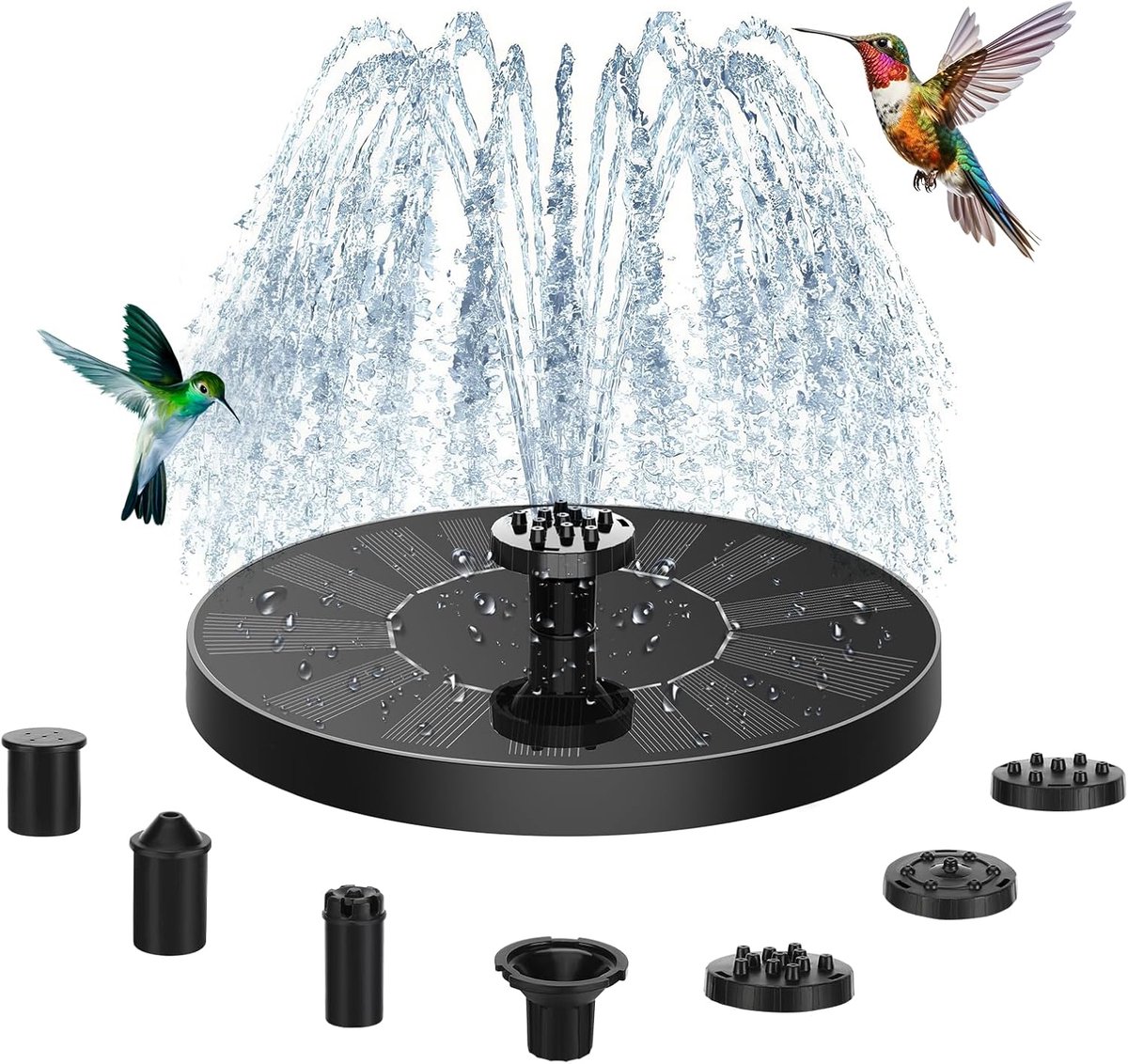 Fontein op zonne-energie, voor buiten, vijverpomp, fontein op zonne-energie, met 6 sproeieffecten, voor vogelbad, vijver, waterspelletjes, viscontainer, tuin (1 W)