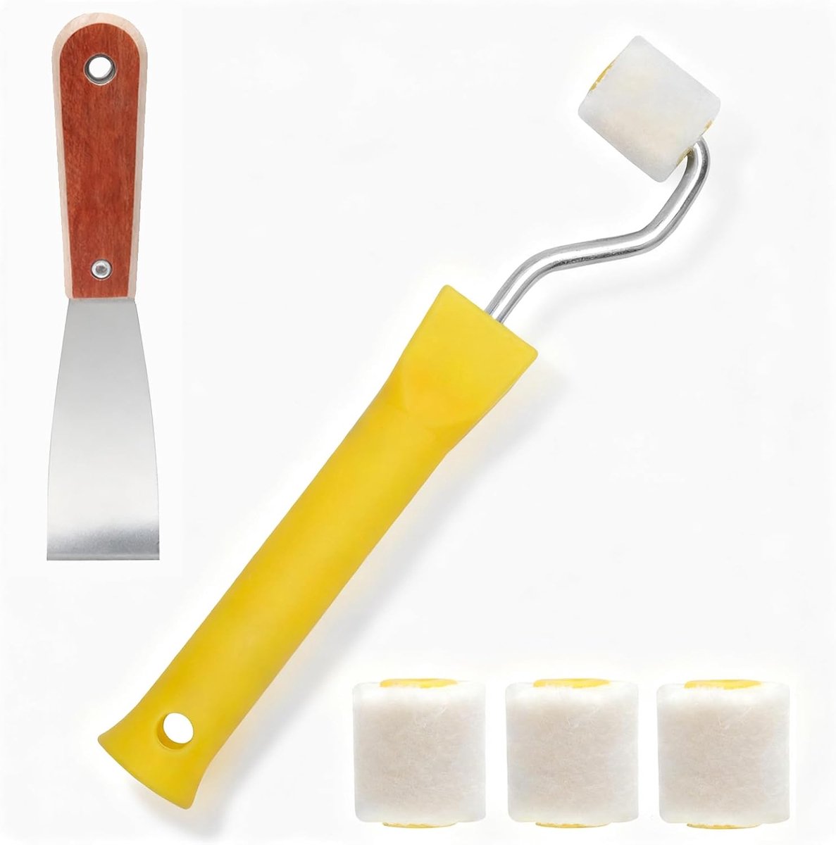kleurrollerset, kleine schilderrol met 4 vervangende rollen & 200 mm handgreep, incl. 1,5 inch spatel, afwerkrol en structuurrol voor nauwkeurig schilderen van hoeken en randen
