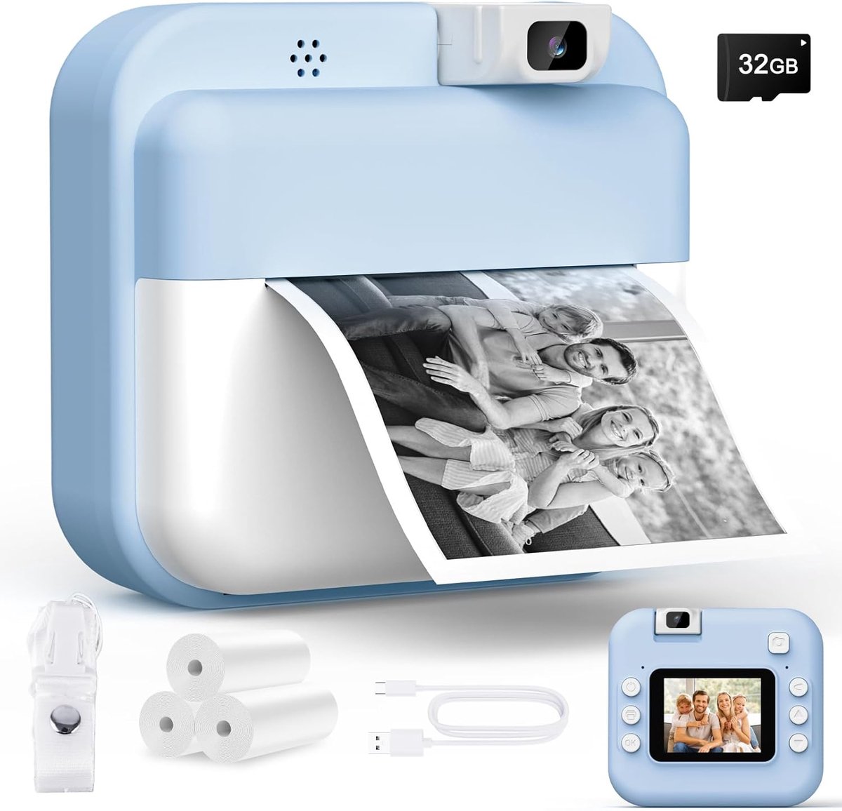 scherm van 2,0 inch HD en 48 MP, 32 GB kaart en 3 rollen fotopapier, 1080p instant camera, geschikt voor kinderen van 3 tot 12 jaar (blauw)