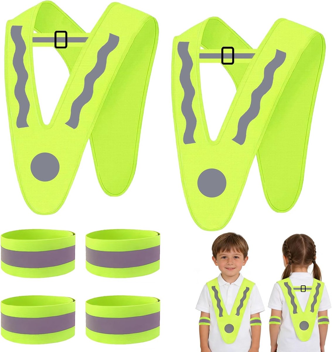 Reflectievest voor kinderen en volwassenen, 2-pack met 4 reflecterende strips, reflecterend veiligheidsvest, V-vormig, wasbaar, voor reizen in het donker | Reflectoren veiligheidsvest V-vorm, wasbaar kinderveiligheidsvest voor nachtreizen