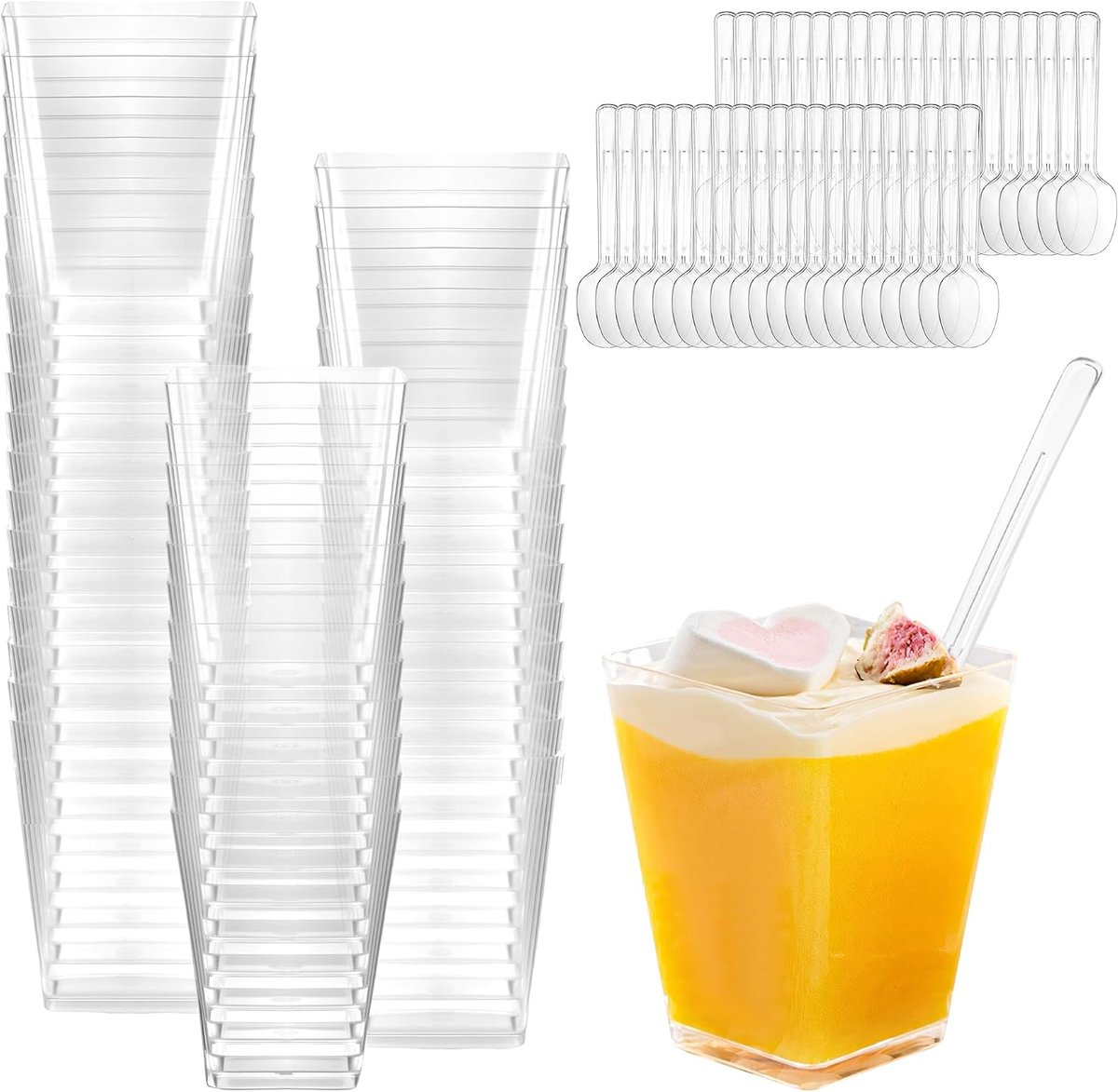 40 stuks dessertbekers met 40 lepels, 160 ml, transparante dessertbeker | Aurinovellia Herbruikbare plastic dessertkommen, trapeziumvormige woestijnbeker, voor feest, picknick, mousse, pudding, ijs