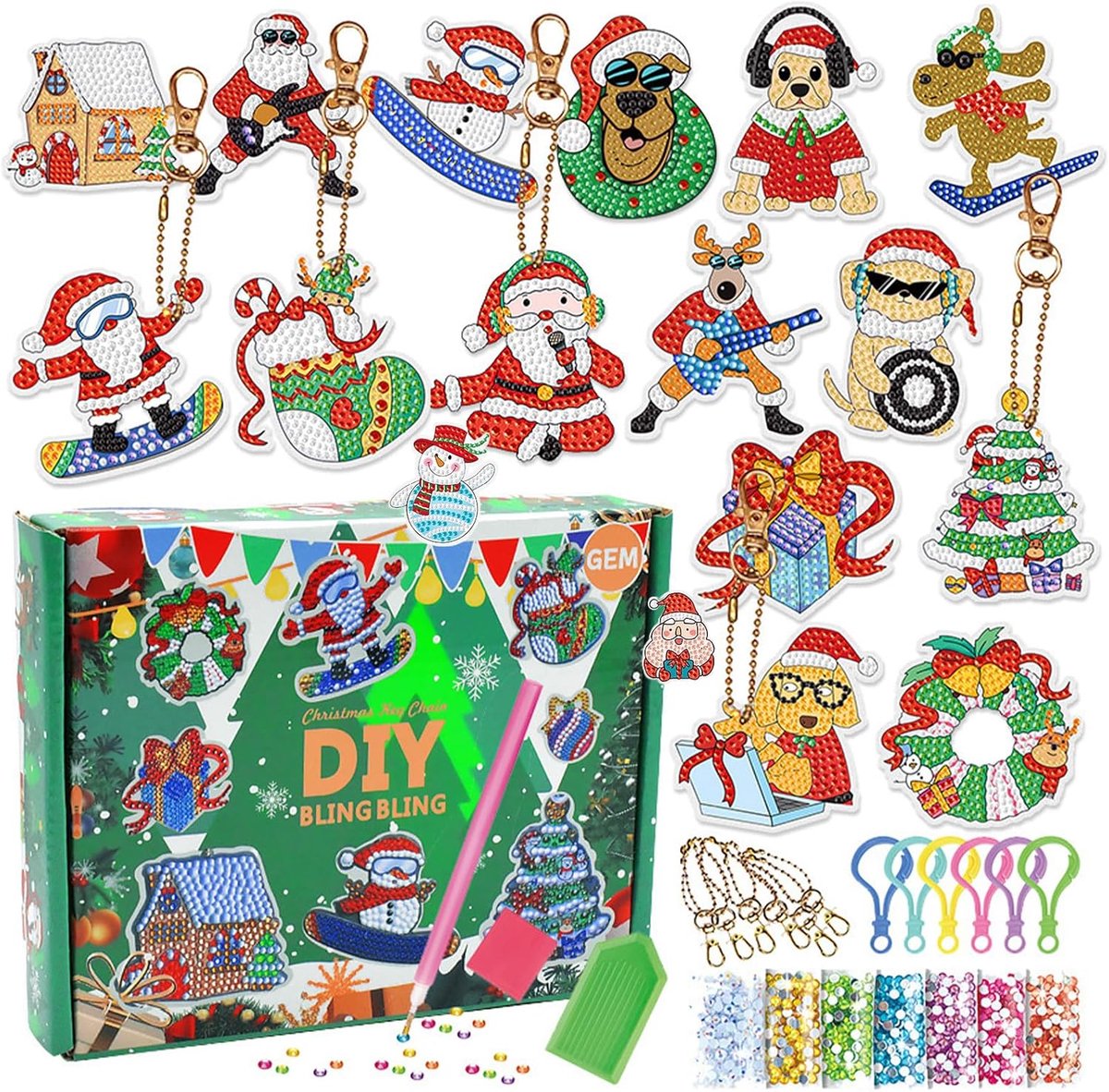 15 Stuks Kerstmis Diamond Painting Hangerset, DIY Diamond Sleutelhangers 5D Diamant Sleutelhanger Ornamenten Gem Art Hanger Sleutelhangers Painting Knutselset voor Kerstdecoratie Cadeau