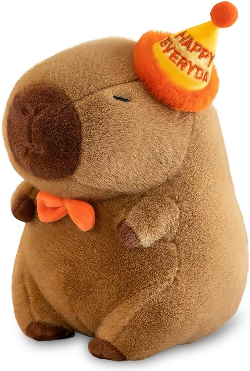 Knuffeldier, 23 cm, cartoon, capibara, pluche dier met verjaardagshoed, schattig watervarken, knuffeldier, cadeau voor kinderen en volwassenen