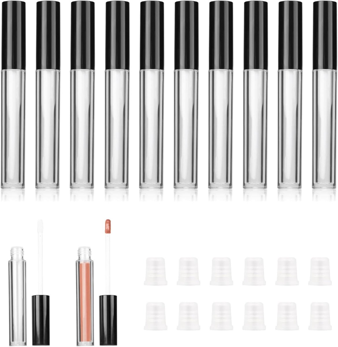 12 stuks navulbare lipgloss, 10 ml, mini-tube, leeg, transparant, zwart, lekvrije sluiting, voor lipgloss en make-up