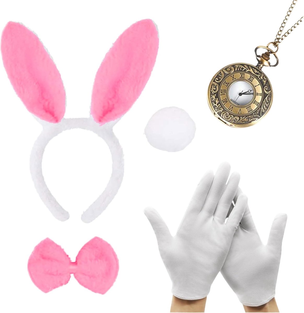 Kostuumset voor volwassenen en kinderen, konijnenkostuum, accessoires, konijnenoren, hoofdband, vlinderdas, handschoenen, konijnenstaart, klok voor wereldboek, carnaval
