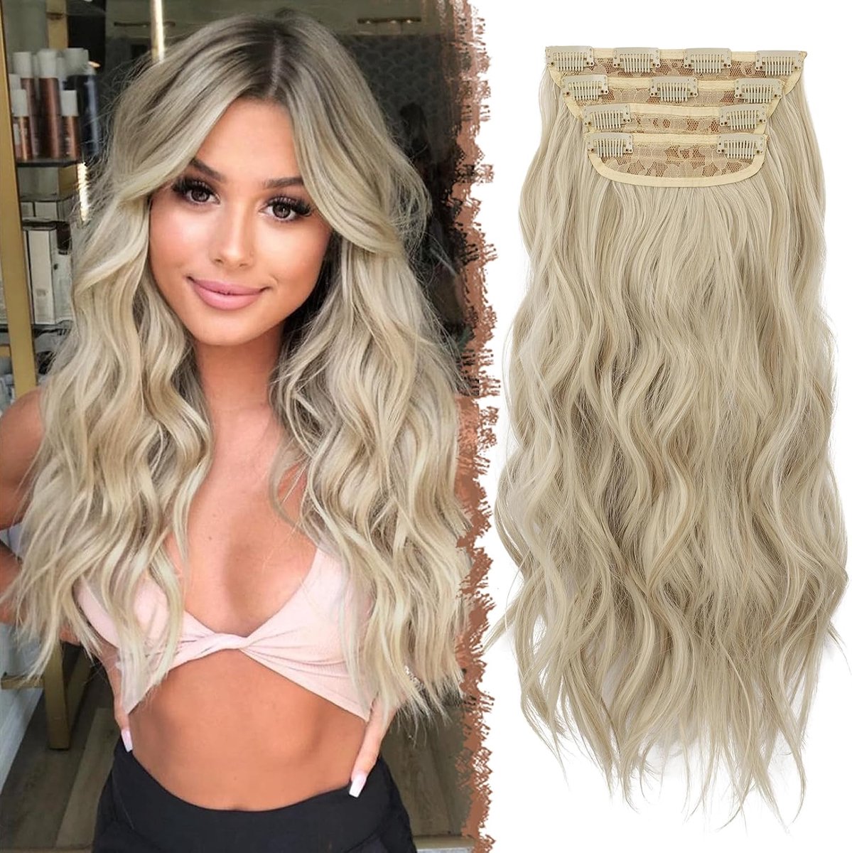 Clip-in Golvende Extensions Synthetische Haarstukjes voor Vrouwen | 4 Stuks 50 cm Lange hittebestendig Haarextensions voor Dagelijks Gebruik en Feestje, Licht Beige Blond Mix Cream Blonde