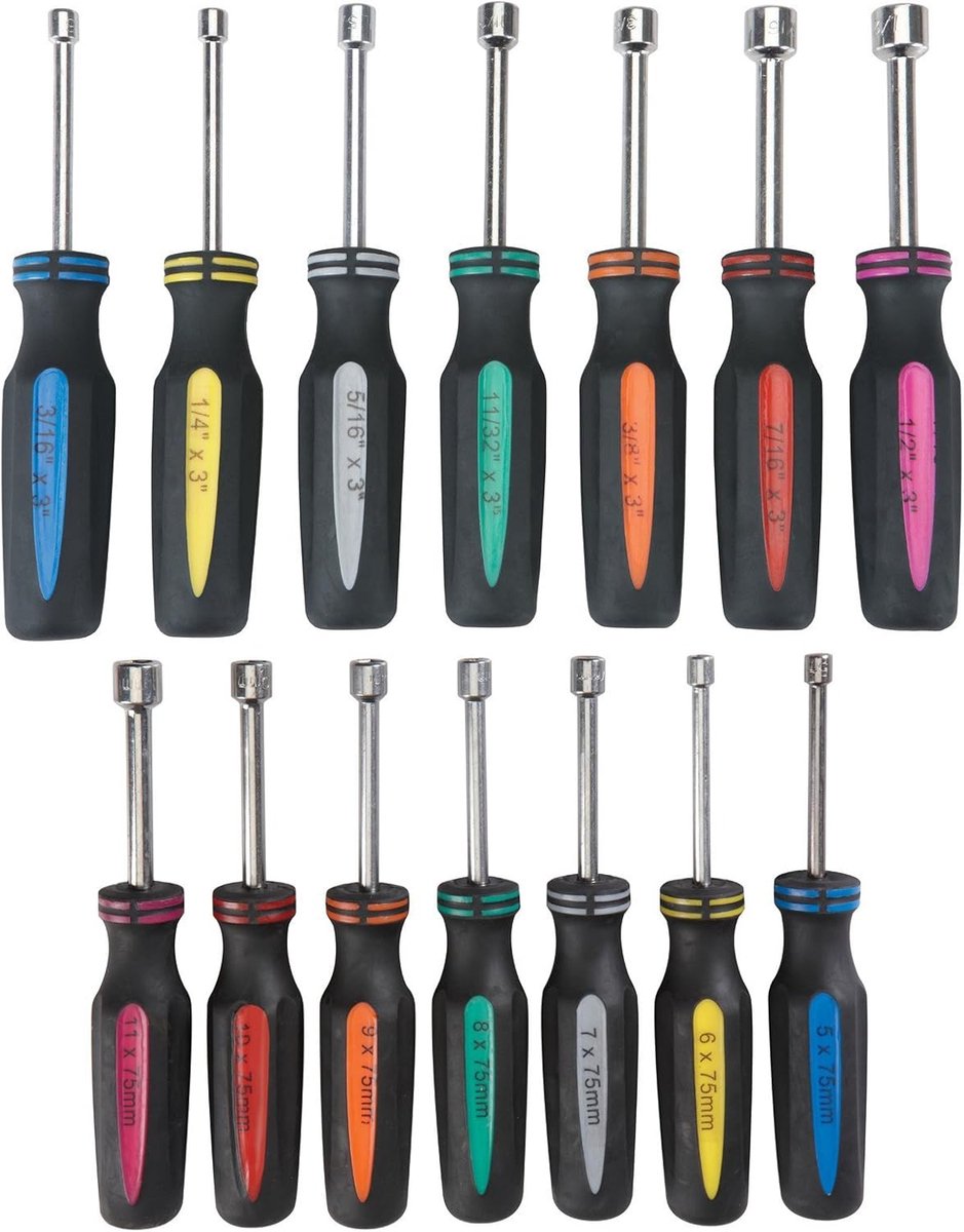 14 Stuk SAE en Metrische Professionele Automotive Moer Driver Set Kleur Gecodeerde Antislip TPR Handgrepen en 3 "Holle As