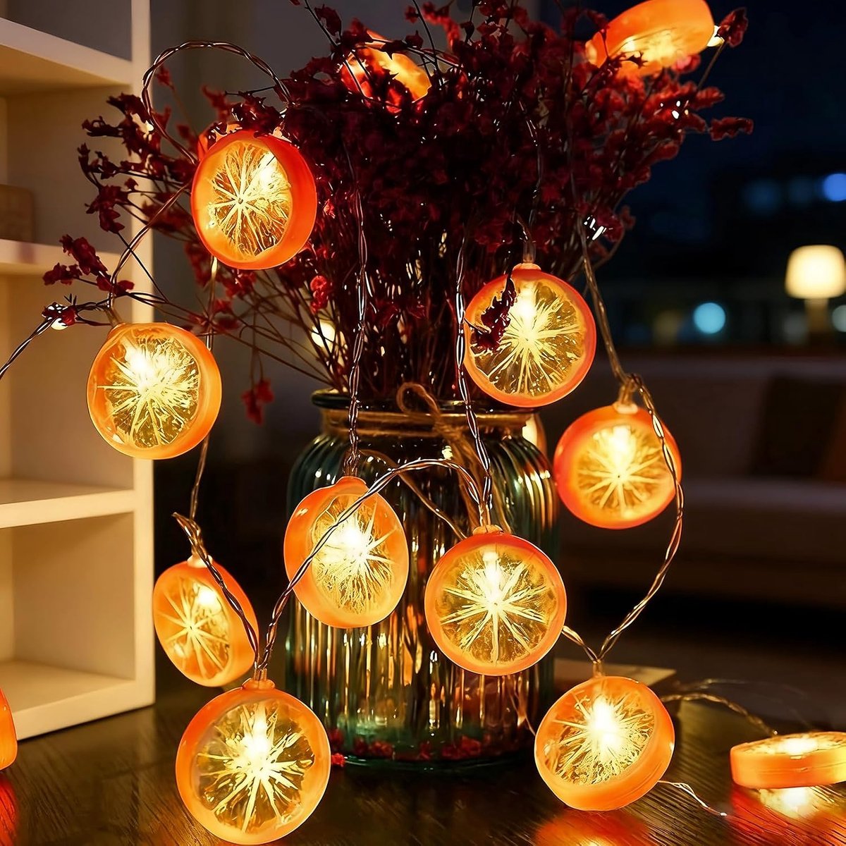 Lichtsnoer oranje, 150 cm, 10 leds, oranje schijven, lichtketting, werkt op batterijen, lichtketting voor zomer, decoratieve verlichting voor carnaval, feeënverlichting voor tuin, bruiloft