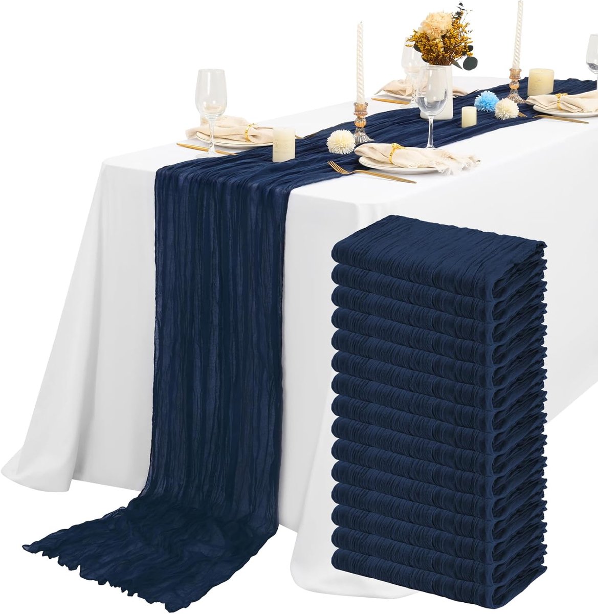 Tafelloper met kaasdoek, 15 stuks, marineblauw, semi-doorschijnende tafelloper van 55 x 300 cm, donkerblauw, rustiek gaas, boho tafelloper, bruiloftstafeldecoratie tafelkleed voor bruidsfeest, feest,